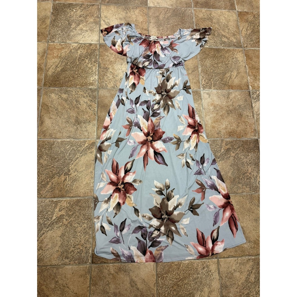 Hello Miz Maternity Maxi Dress XL Blue Floral Off Shoulder Ruffle Flutter Sleeve